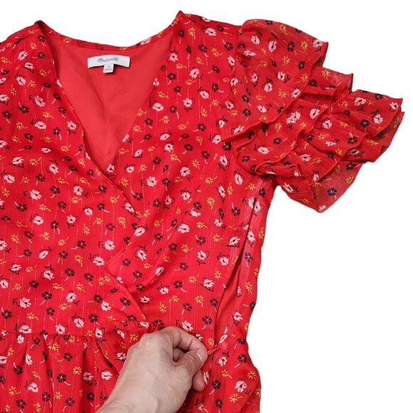 Madewell Red Tiered Sleeve Peplum Top Metallic Prairie Posies Ruffle 00 - Picture 5 of 10